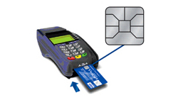 Card terminal showing inserted card with chip highlighted